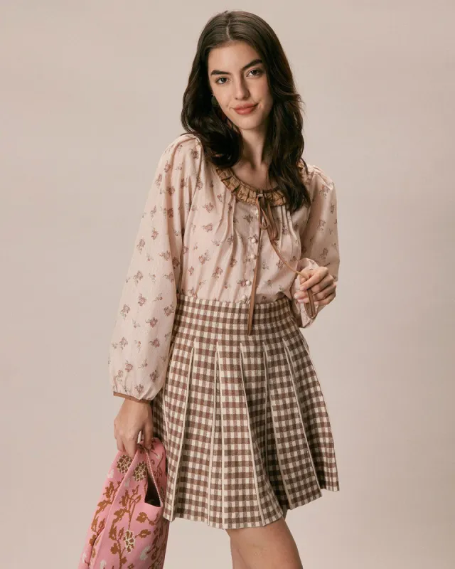 The Khaki Round Neck Floral Ruffle Blouse made by rihoas