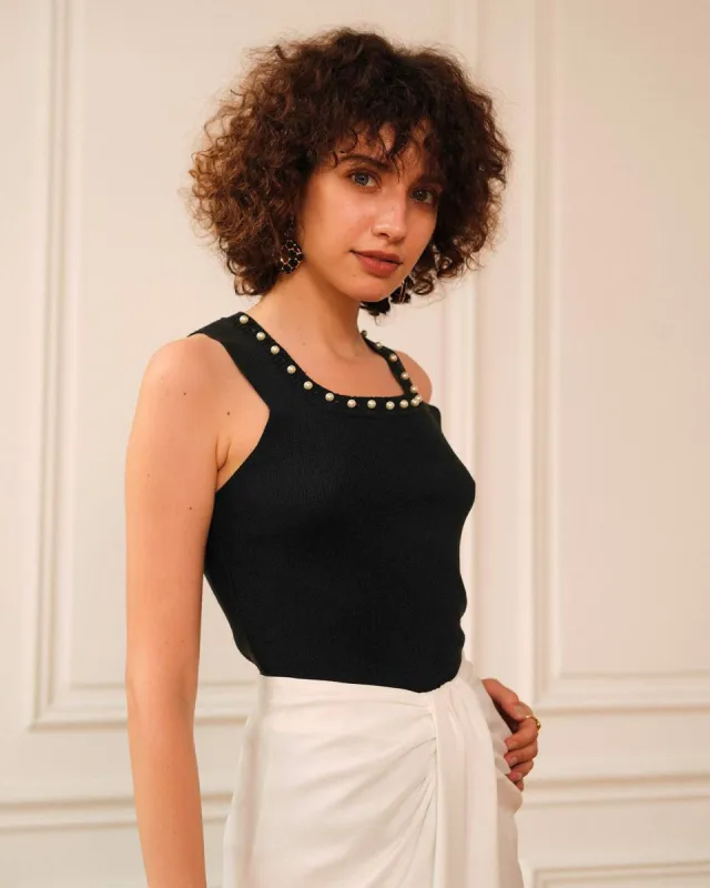 The Solid Ribbed Knit Pearl Tank Top sold by rihoas