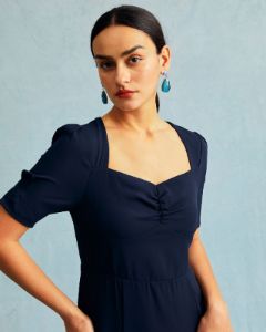 The Navy Sweetheart Neck Puff Sleeve Midi Dress sold by rihoas