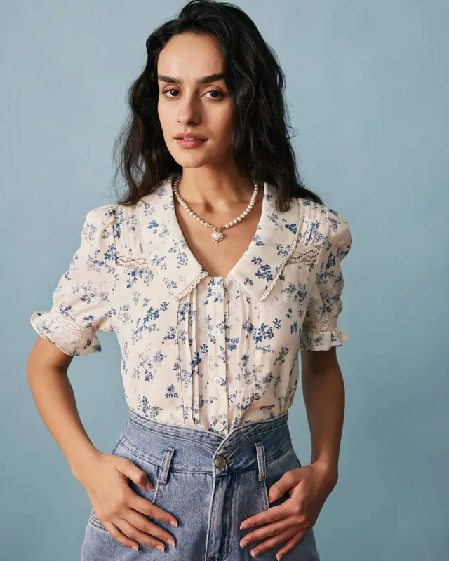 The Lace Spliced Pleated Floral Shirt sold by rihoas