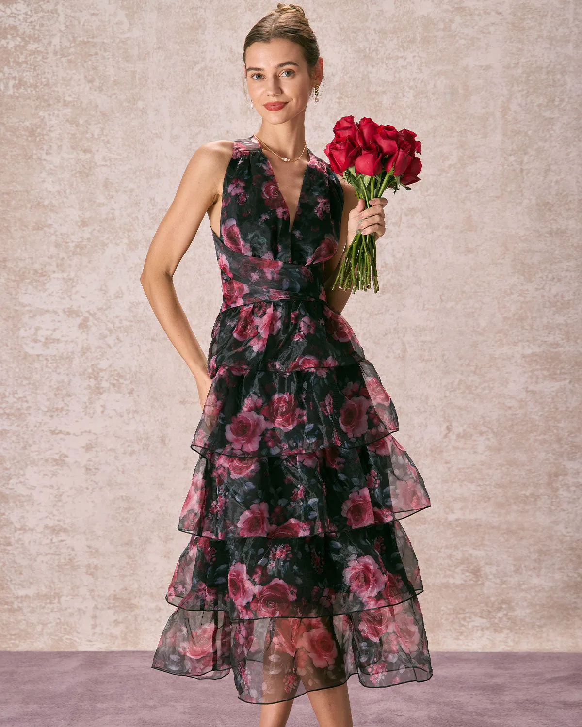 The V Neck Floral Layered Midi Dress sold by rihoas