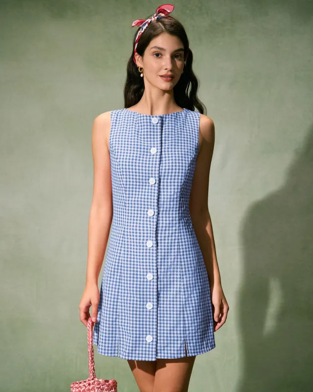 The Blue Boat Neck Cotton Plaid Mini Dress sold by rihoas