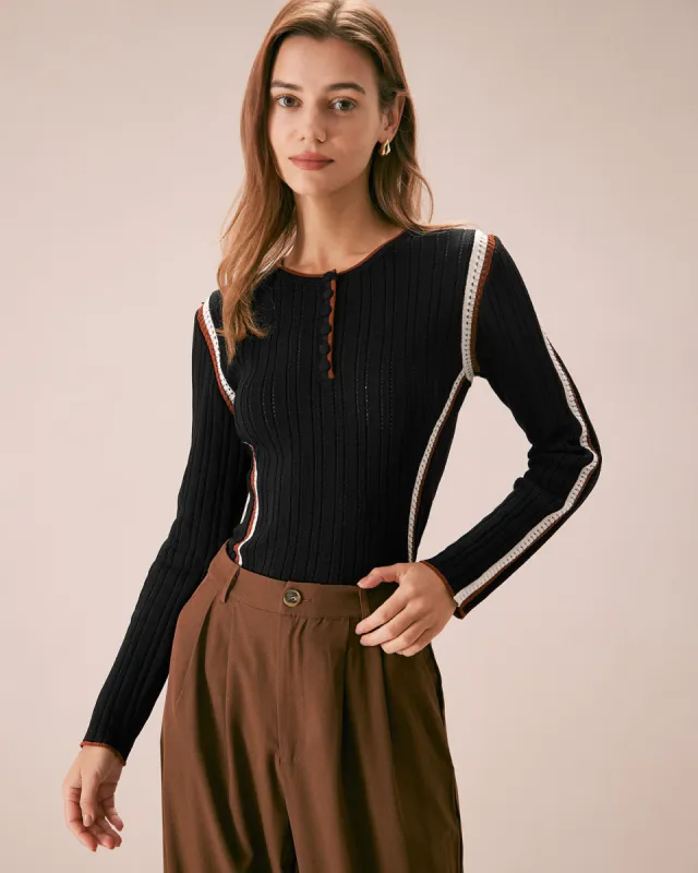 The Black Contrast Trim Pointelle Knit Top sold by rihoas