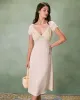 The Apricot V Neck Ruched Satin Midi Dress sold by rihoas