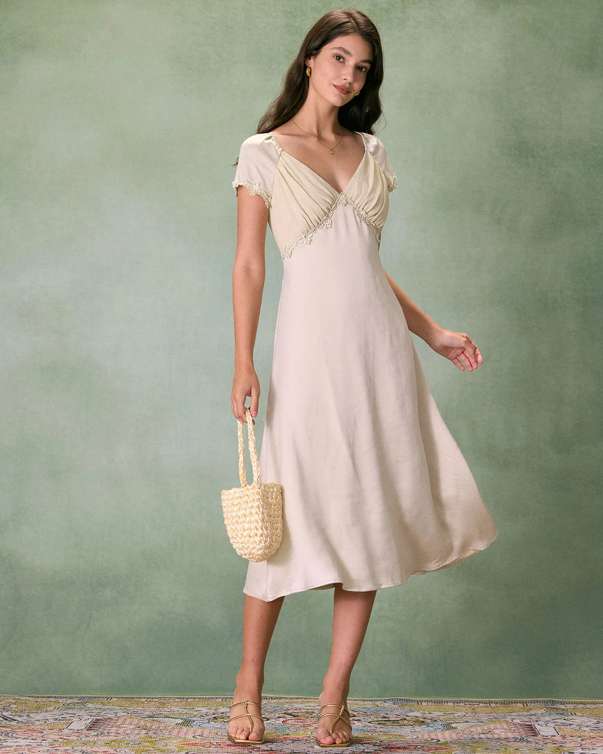 The Apricot V Neck Ruched Satin Midi Dress sold by rihoas product image thumbnail 4