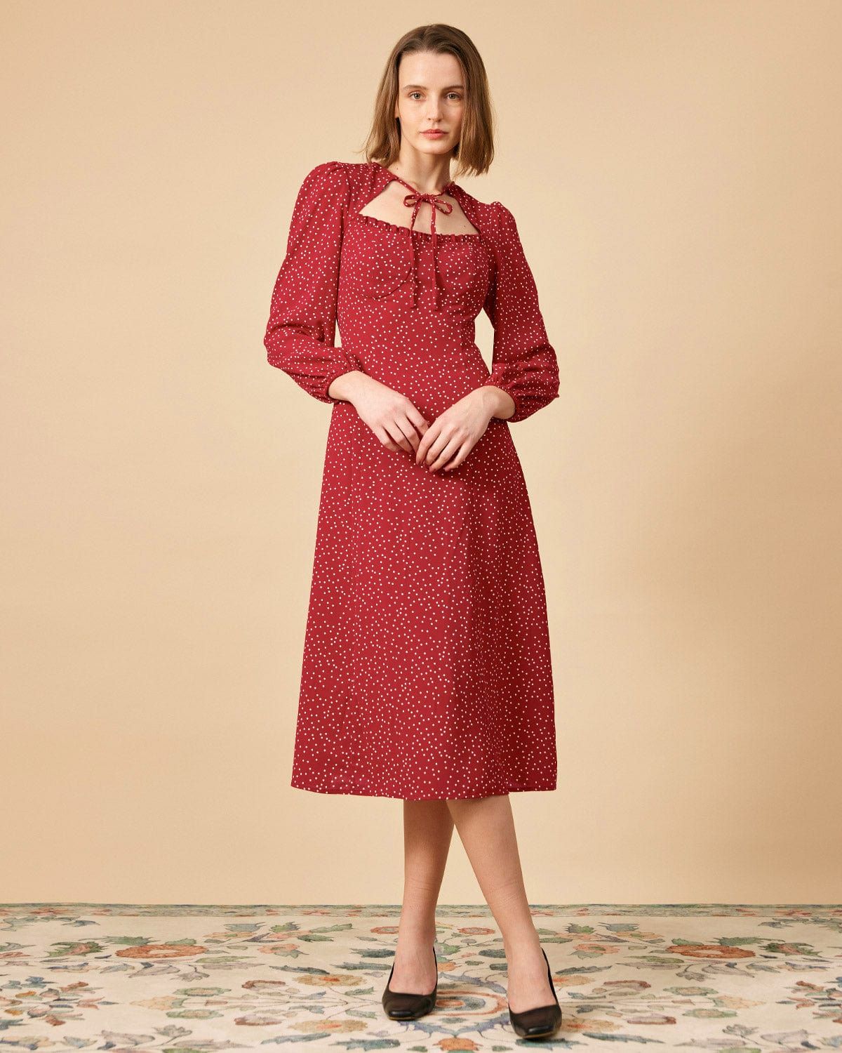 The Polka Dot Long Sleeve Midi Dress sold by rihoas product image thumbnail 4
