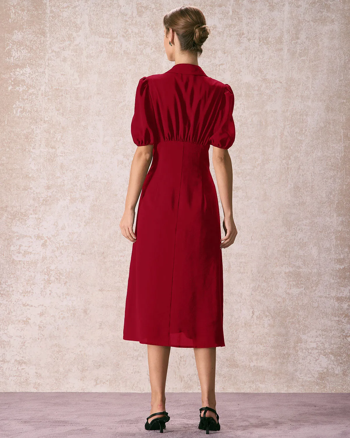 The Red Lapel Button Puff Sleeve Midi Dress sold by rihoas product image thumbnail 4