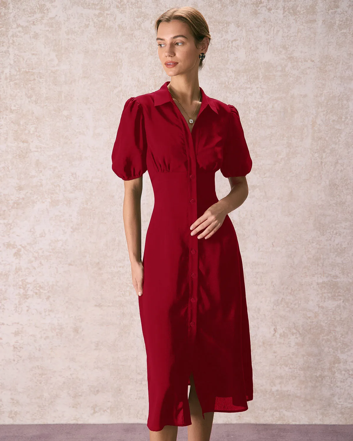The Red Lapel Button Puff Sleeve Midi Dress sold by rihoas product image thumbnail 2
