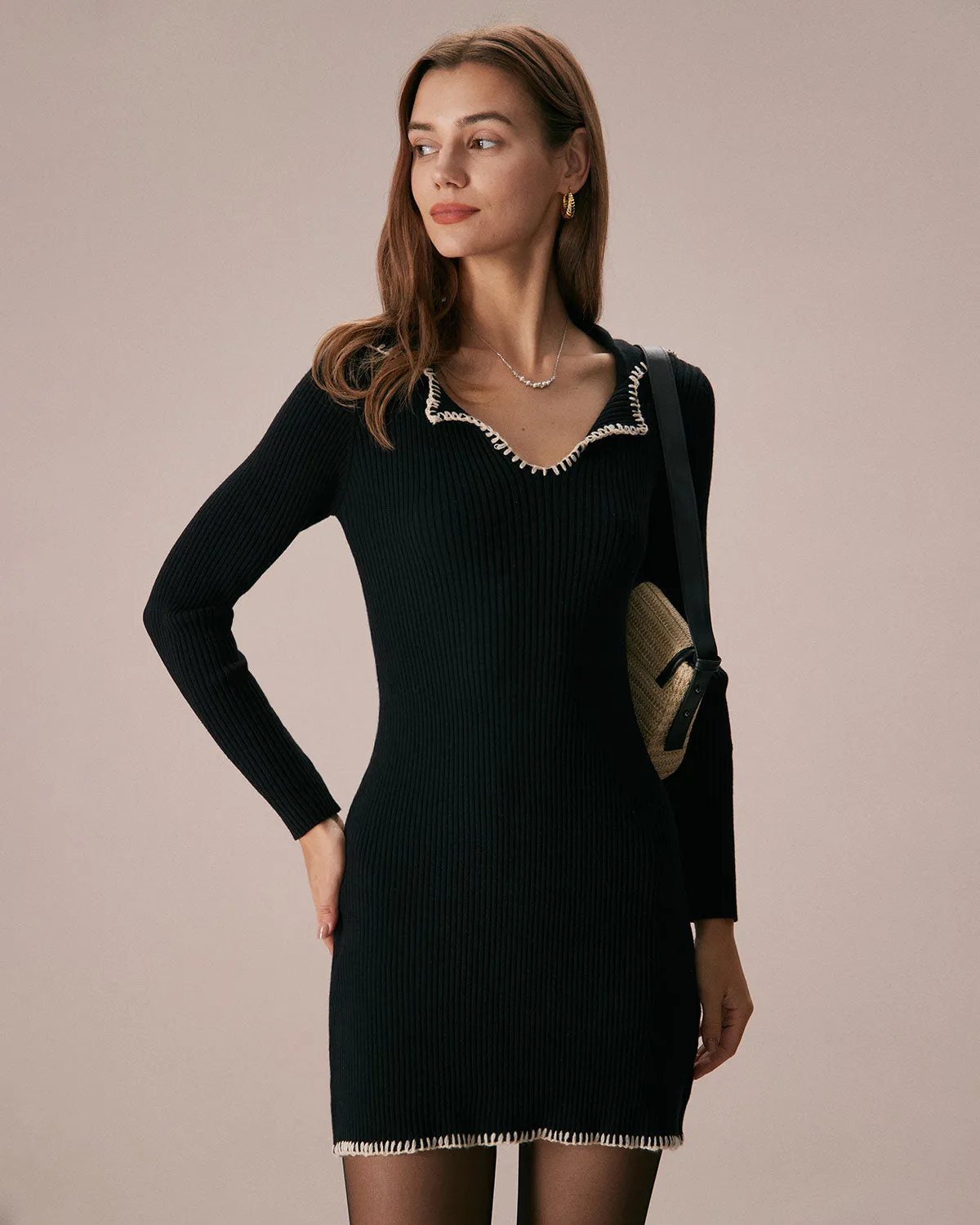 The Black Contrast Stitch Sweater Mini Dress sold by rihoas product image thumbnail 4
