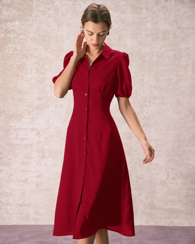 The Red Lapel Button Puff Sleeve Midi Dress sold by rihoas