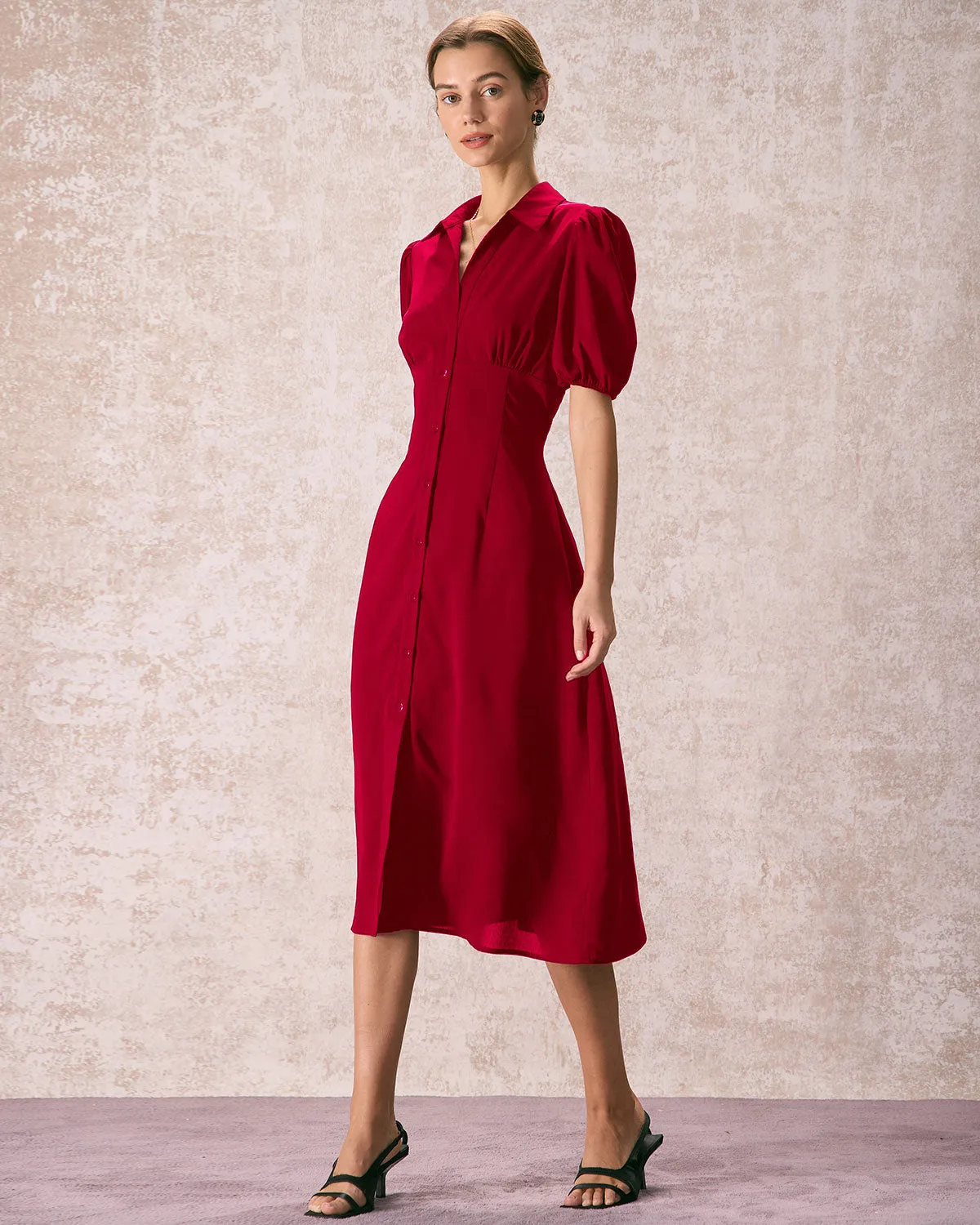 The Red Lapel Button Puff Sleeve Midi Dress sold by rihoas product image thumbnail 3