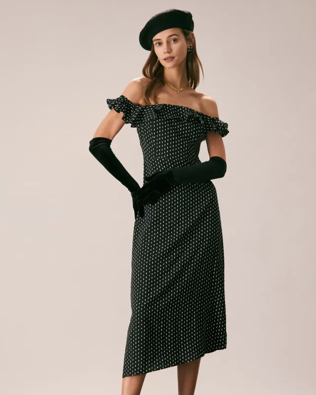 The Black Off The Shoulder Ruffle Midi Dress sold by rihoas