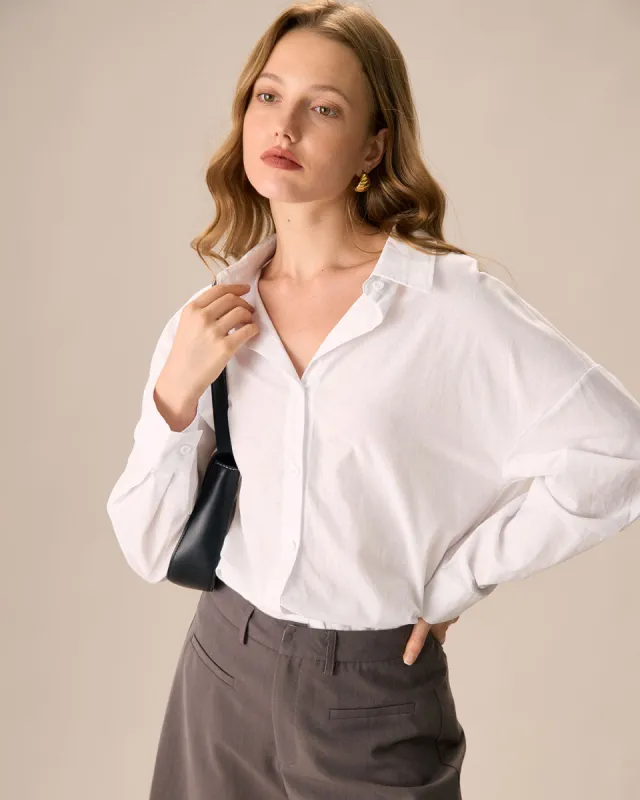 Women's White Lapel Long Sleeve Shirt sold by rihoas