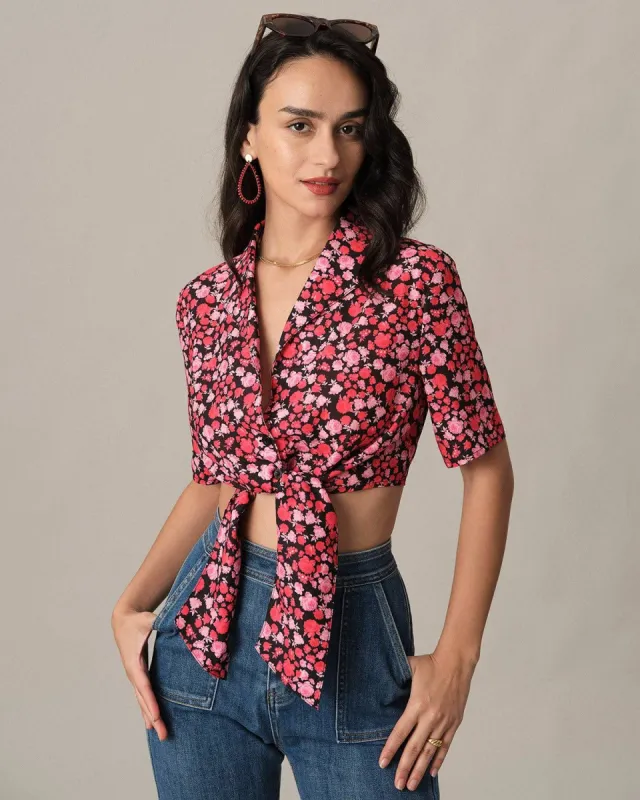 The Front Tie Floral Crop Blouse sold by rihoas