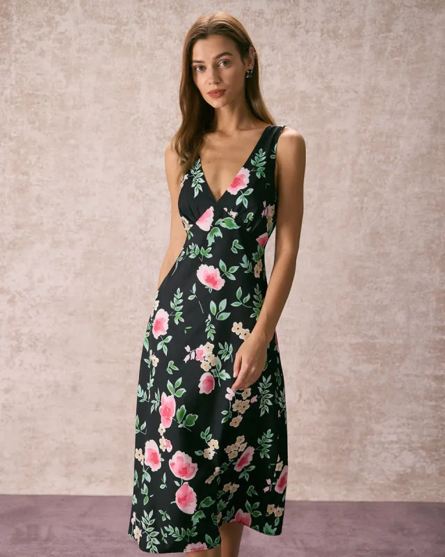The Black V Neck Tie Back Floral Midi Dress sold by rihoas