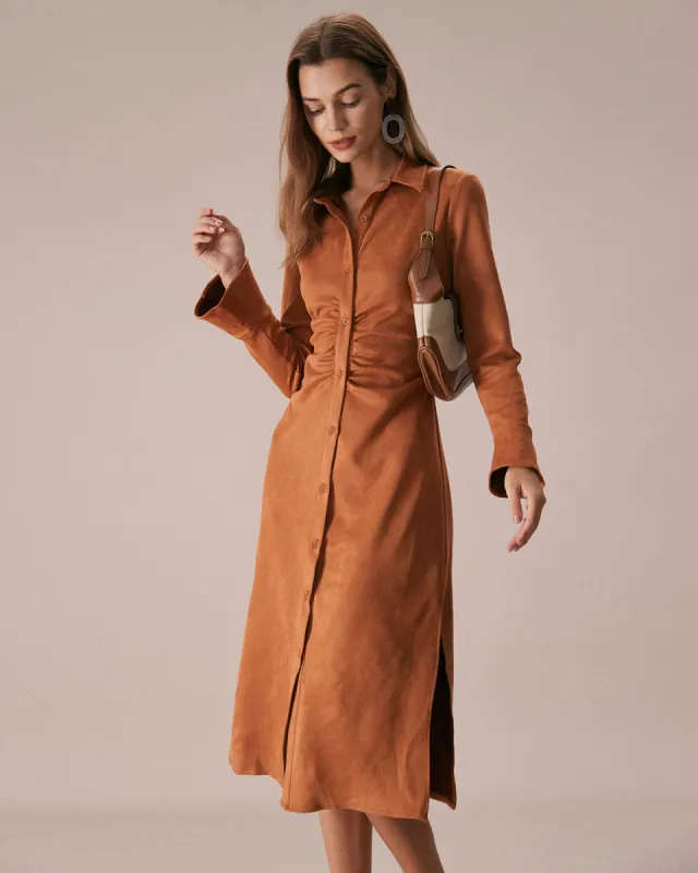The Brown Lapel Flare Sleeve Suede Midi Dress sold by rihoas