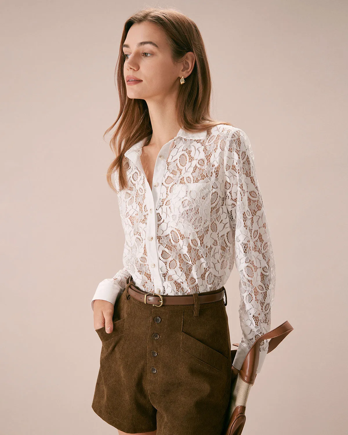 The White Collared Lace Cutout Button Shirt sold by rihoas product image thumbnail 3