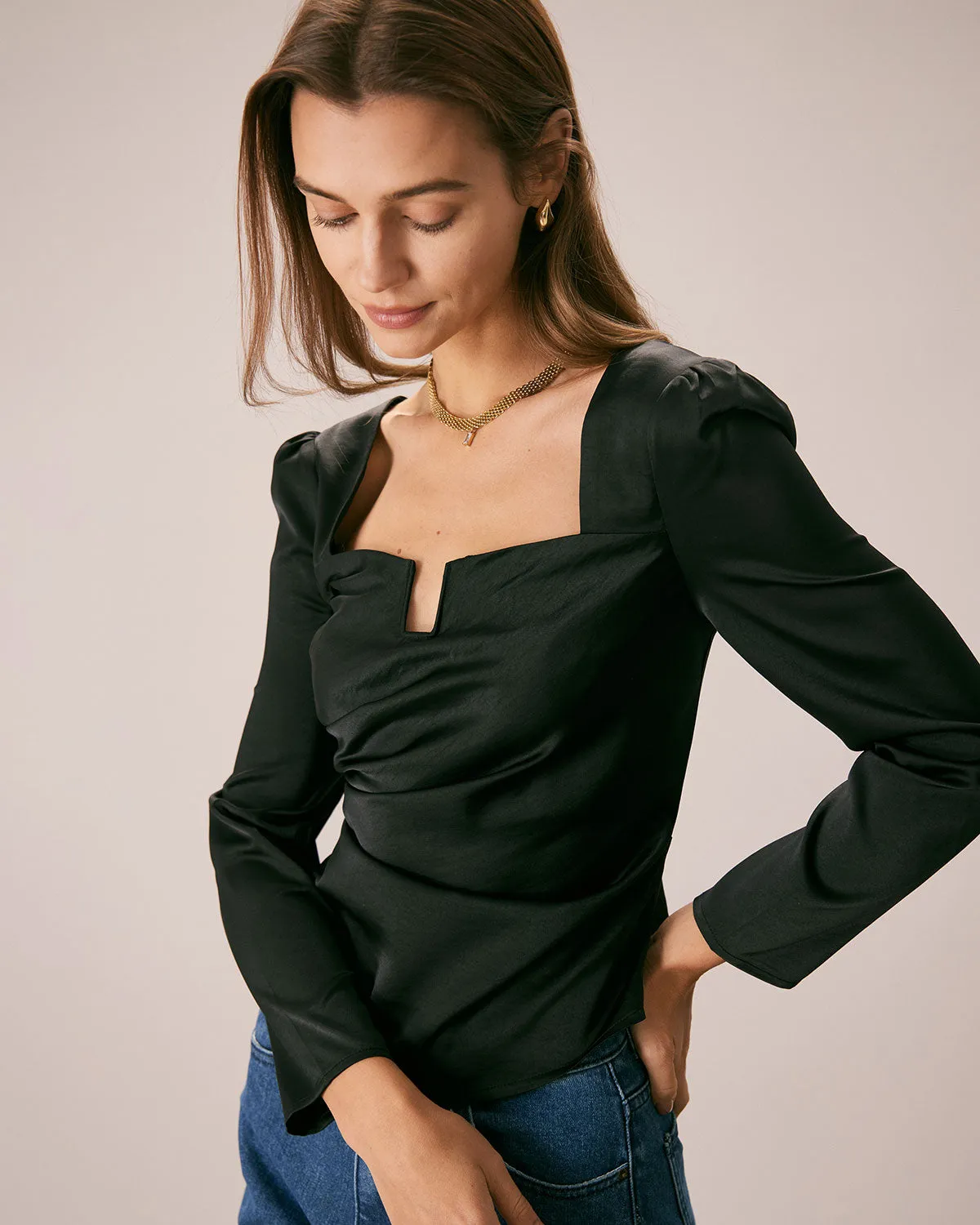 The Black Square Neck Ruched Satin Blouse sold by rihoas product image thumbnail 4