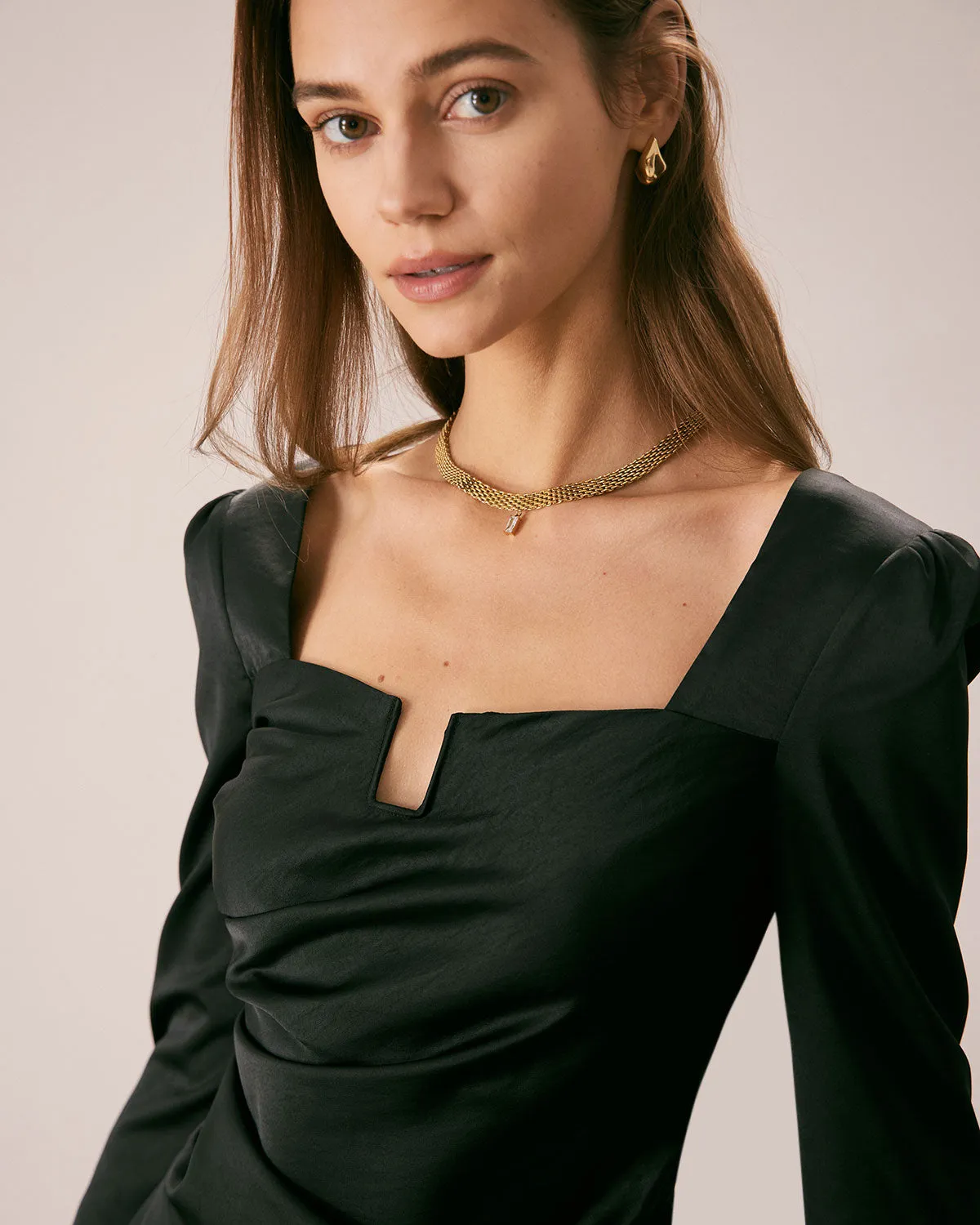 The Black Square Neck Ruched Satin Blouse sold by rihoas product image thumbnail 2