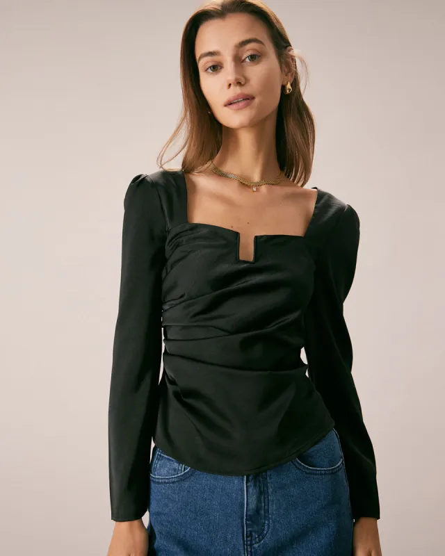 The Black Square Neck Ruched Satin Blouse sold by rihoas