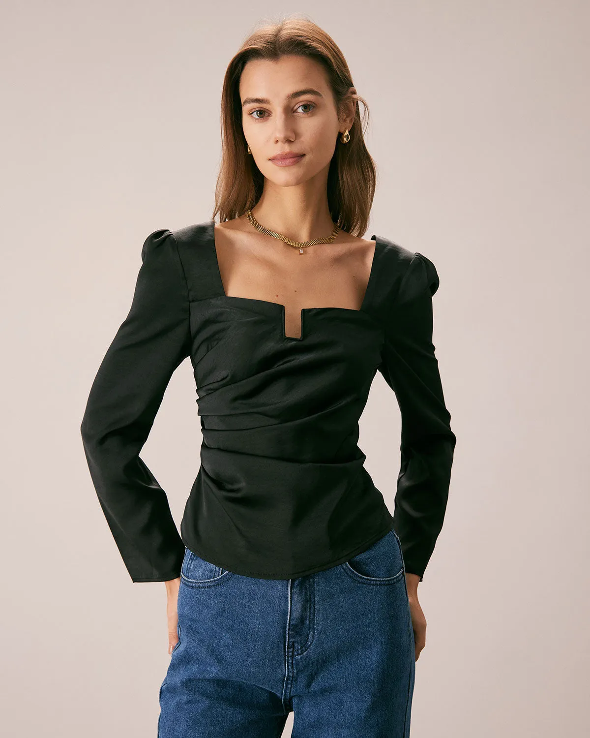 The Black Square Neck Ruched Satin Blouse sold by rihoas product image thumbnail 3
