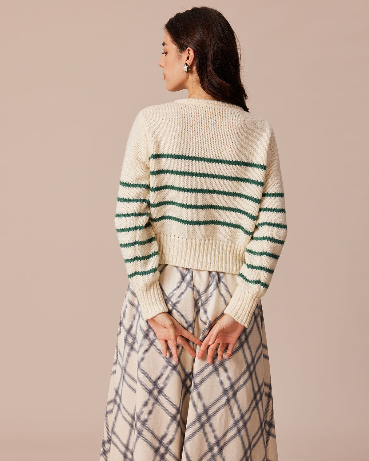 The Beige Round Neck Striped Button Cardigan sold by rihoas product image thumbnail 5