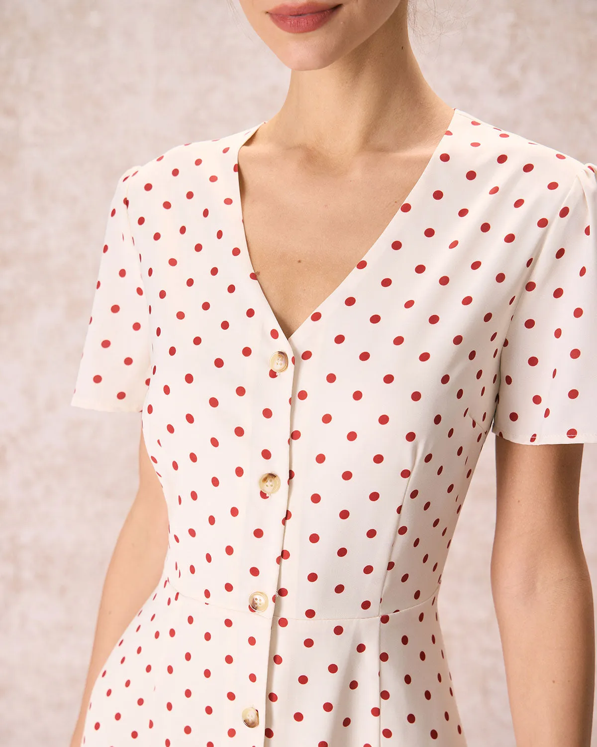 The Beige V Neck Polka Dot Button Midi Dress sold by rihoas product image thumbnail 2