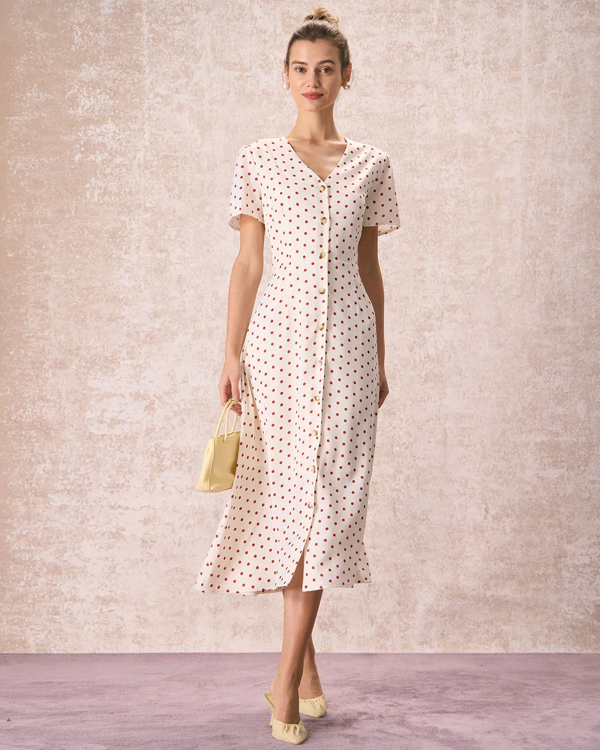 The Beige V Neck Polka Dot Button Midi Dress sold by rihoas product image thumbnail 3