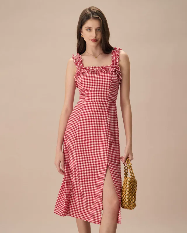 The Red Square Neck Plaid Cotton Midi Dress sold by rihoas