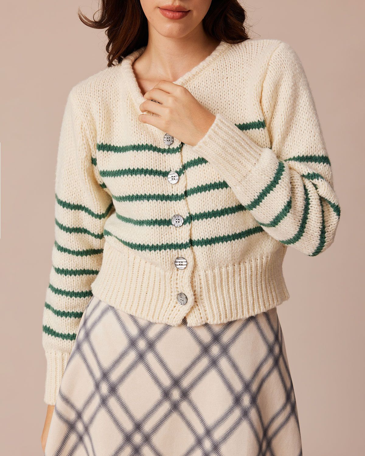 The Beige Round Neck Striped Button Cardigan sold by rihoas product image thumbnail 4