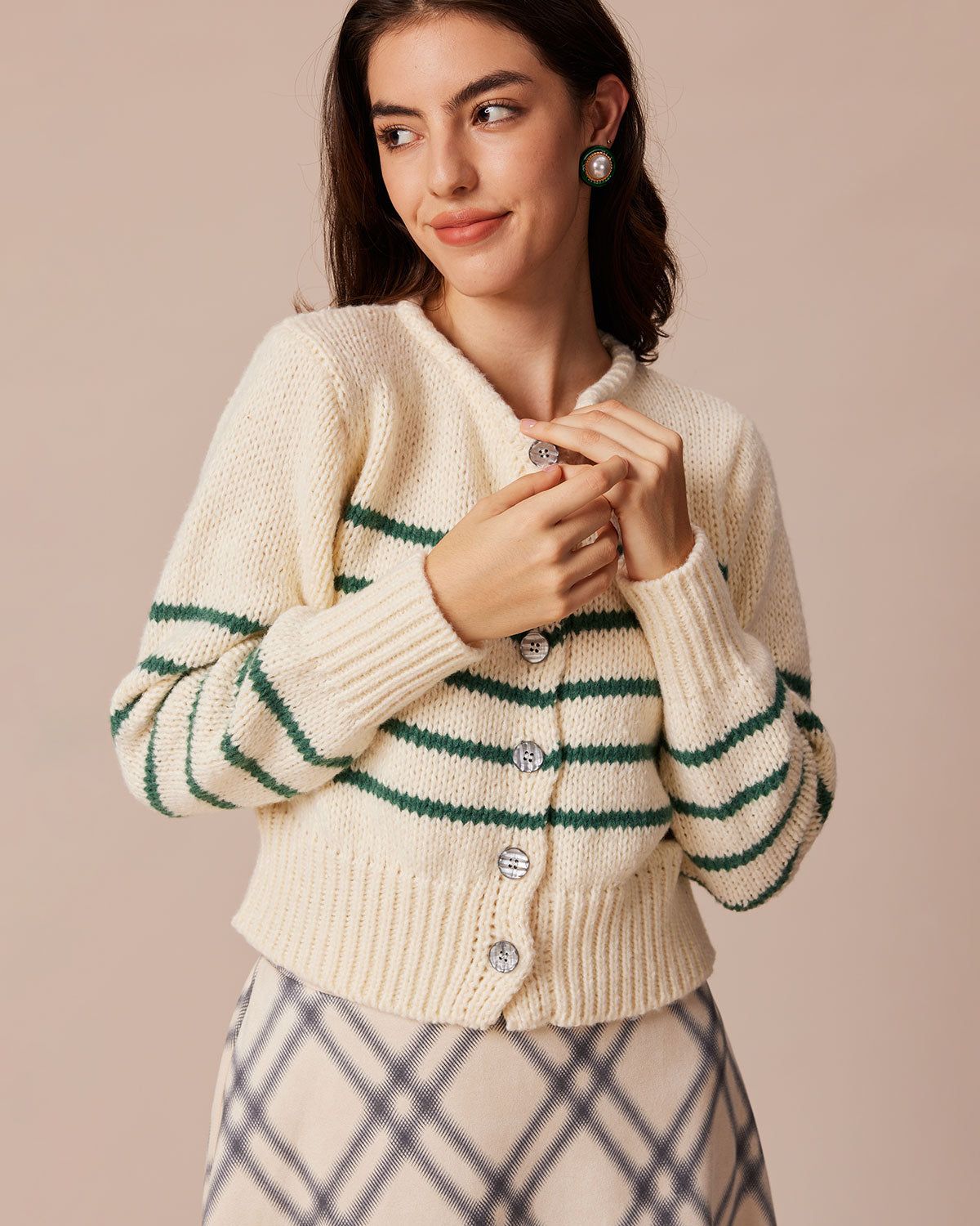 The Beige Round Neck Striped Button Cardigan sold by rihoas product image thumbnail 3