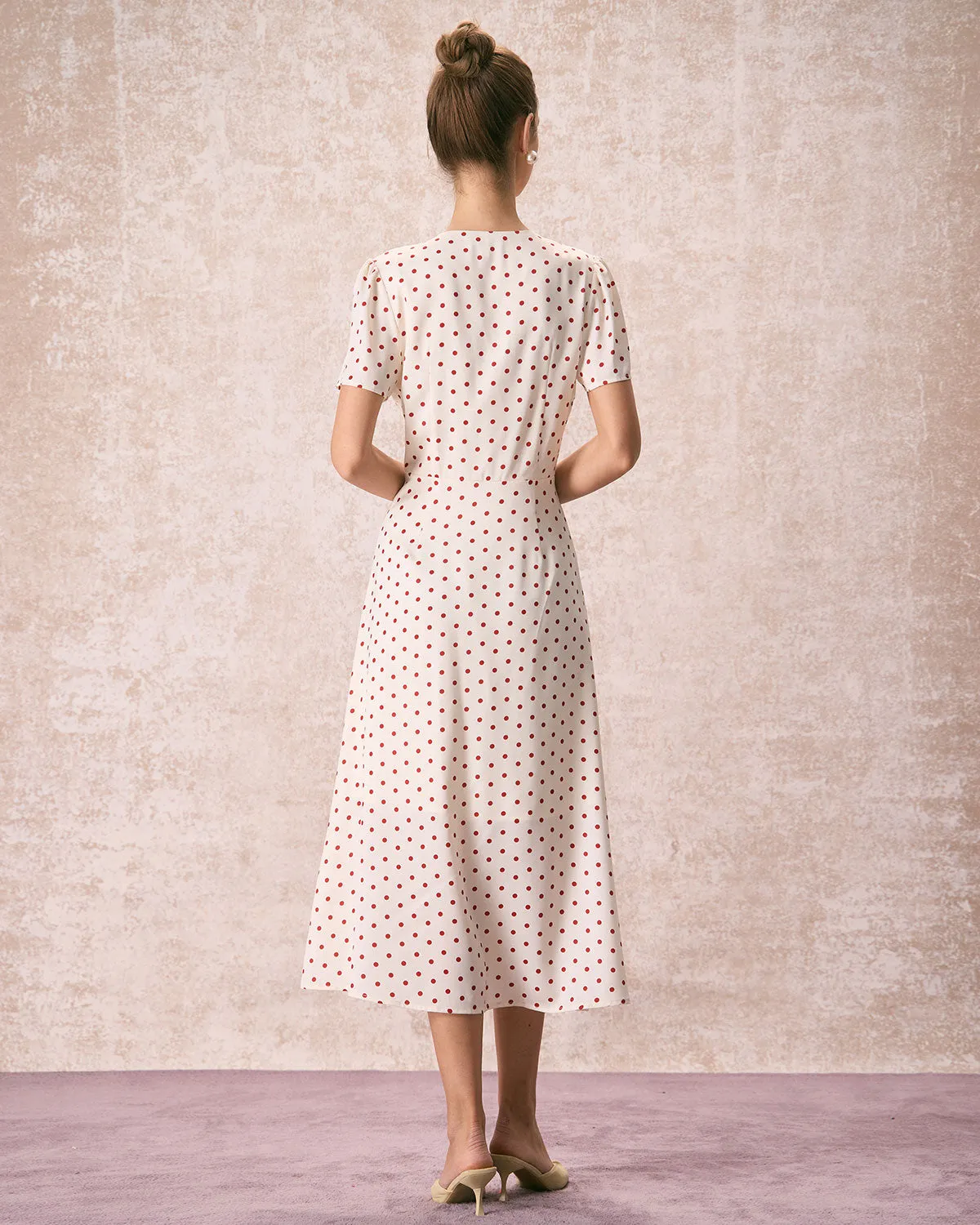 The Beige V Neck Polka Dot Button Midi Dress sold by rihoas product image thumbnail 5