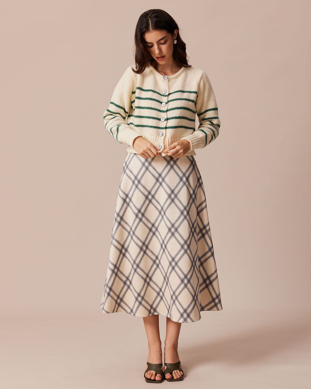 The Beige Round Neck Striped Button Cardigan sold by rihoas product image thumbnail 2