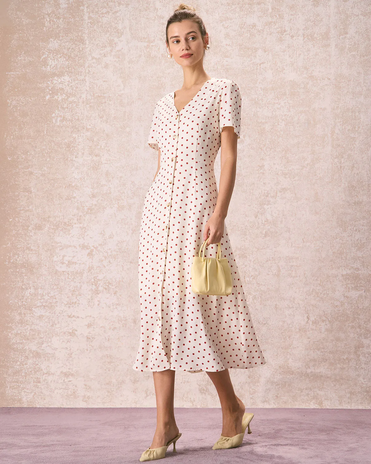 The Beige V Neck Polka Dot Button Midi Dress sold by rihoas product image thumbnail 4