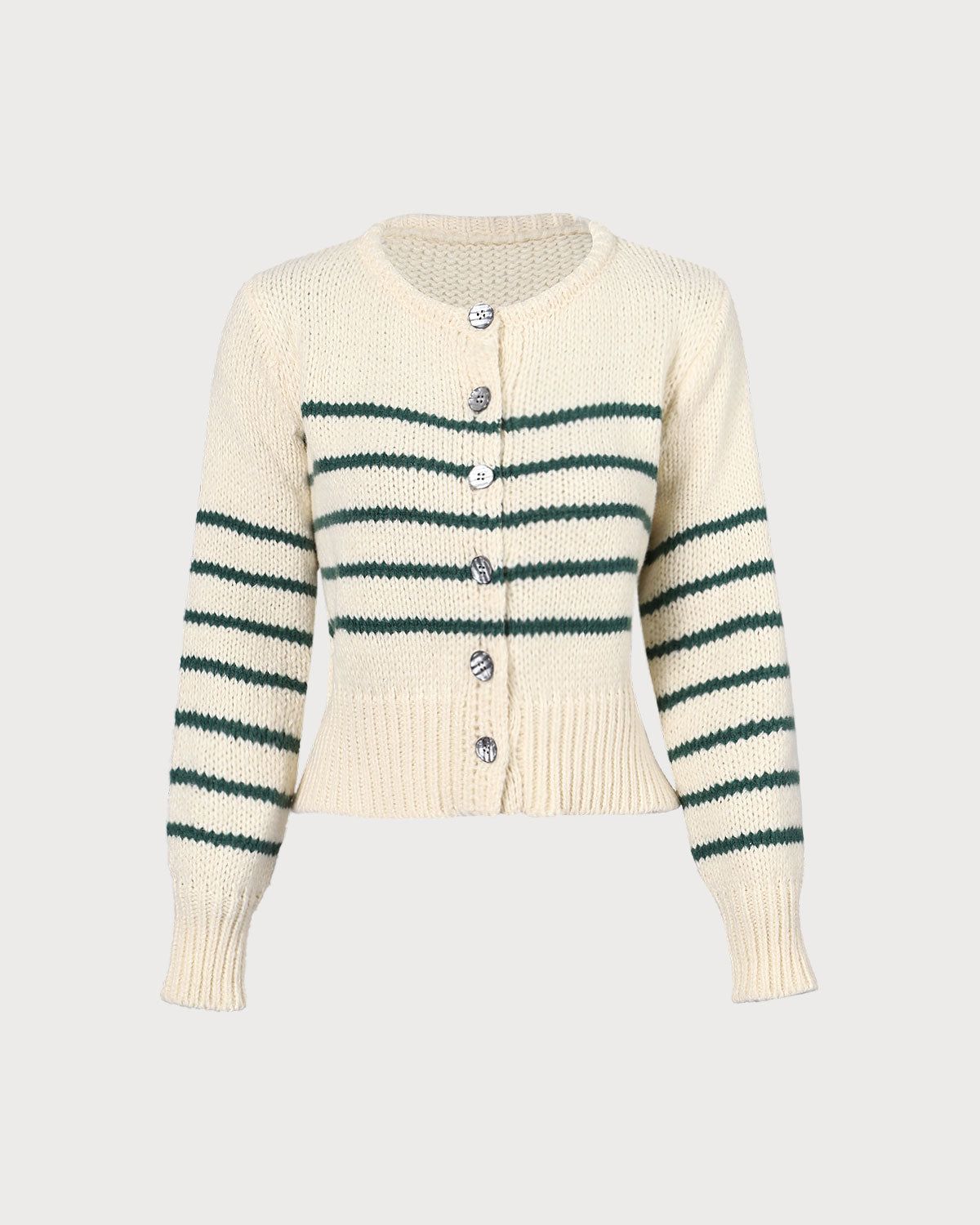 The Beige Round Neck Striped Button Cardigan sold by rihoas product image thumbnail 6