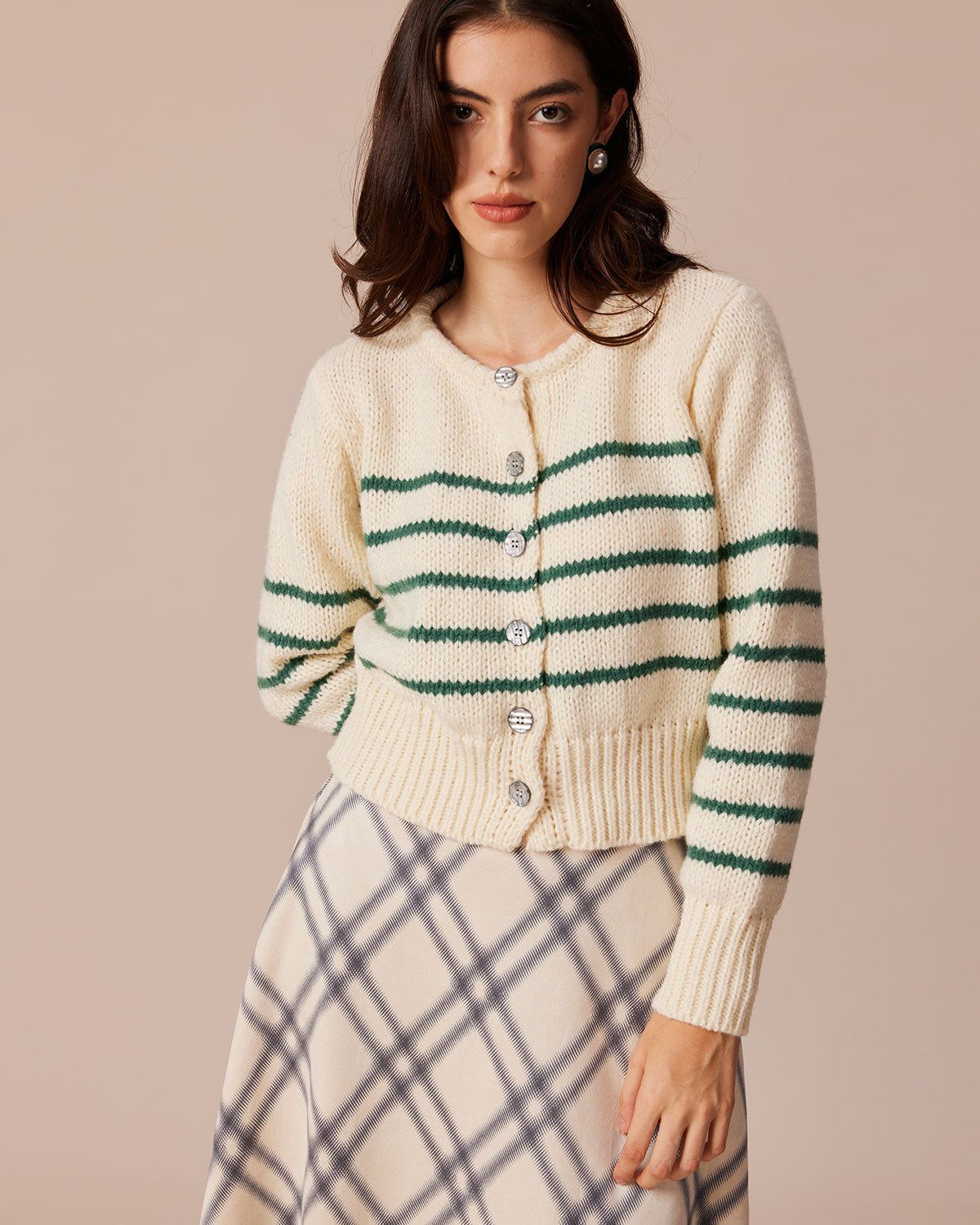 The Beige Round Neck Striped Button Cardigan sold by rihoas