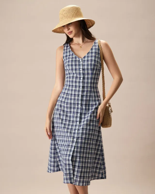 The Blue V Neck Plaid Button Cotton Midi Dress sold by rihoas