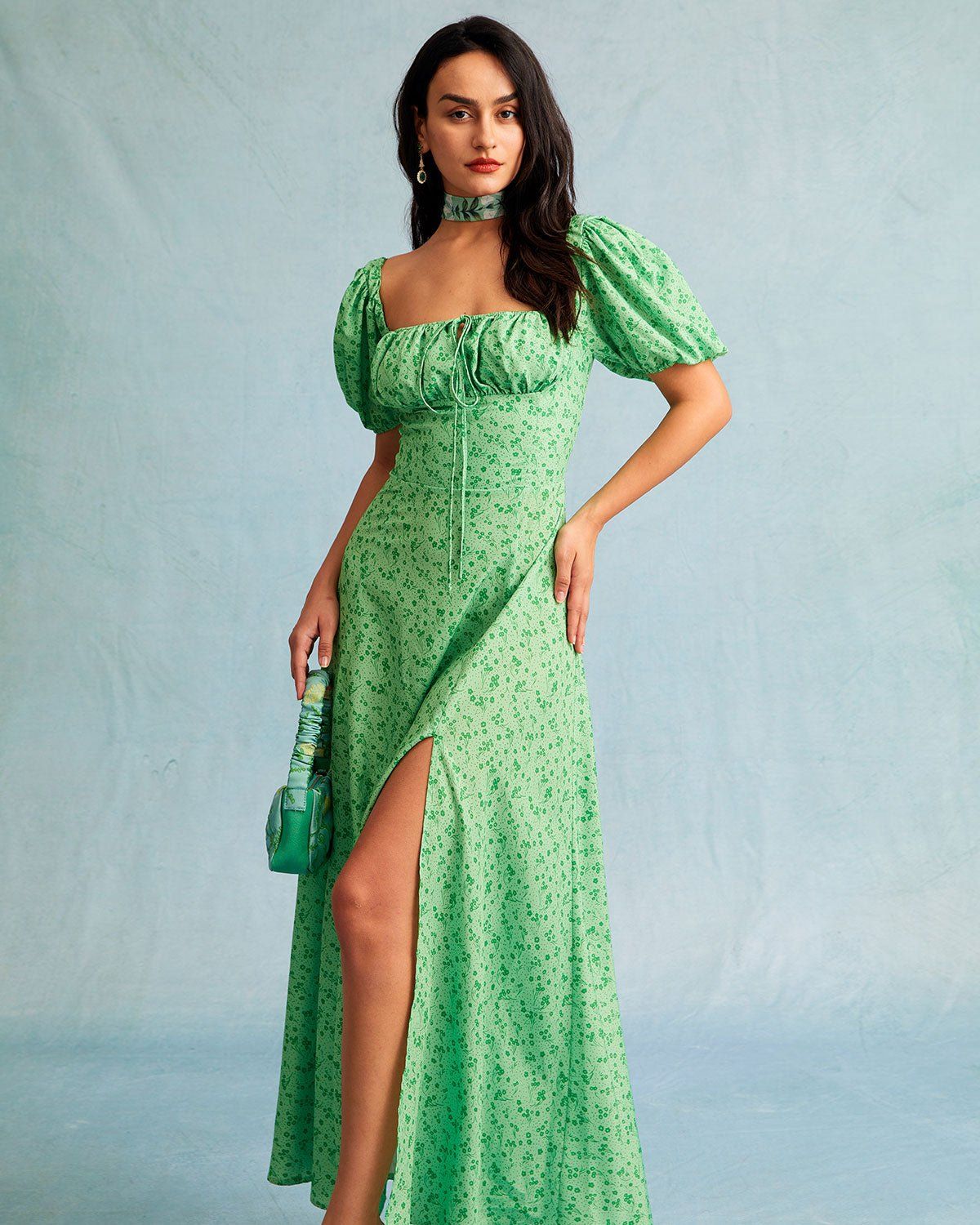 The Square Neck Floral Ruched Puff Sleeve Maxi Dress sold by rihoas product image thumbnail 5