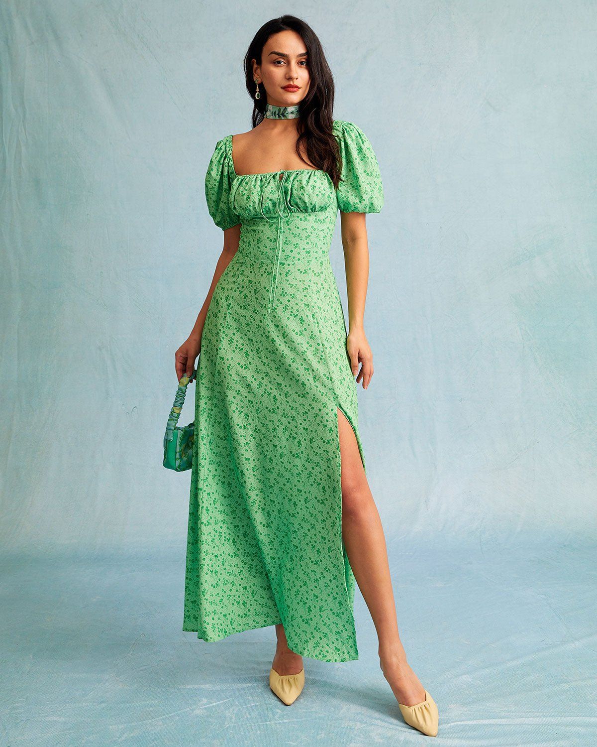 The Square Neck Floral Ruched Puff Sleeve Maxi Dress sold by rihoas product image thumbnail 2