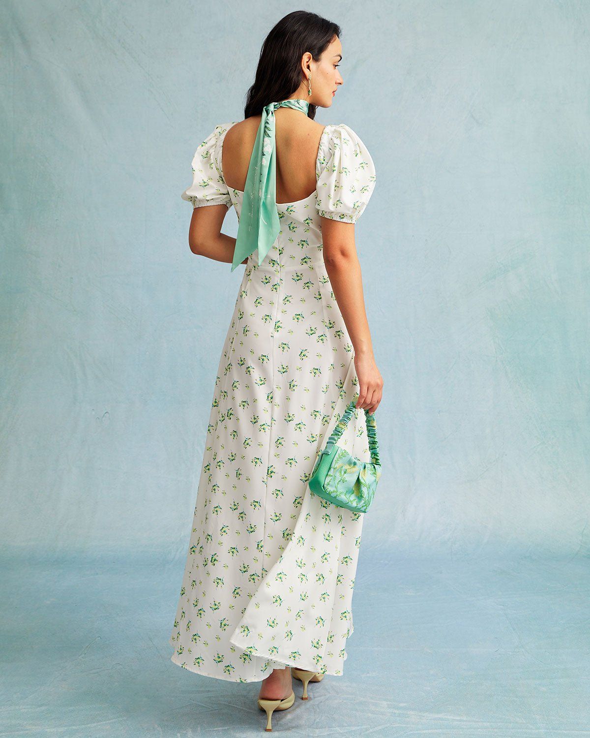 The Square Neck Floral Ruched Puff Sleeve Maxi Dress sold by rihoas product image thumbnail 12