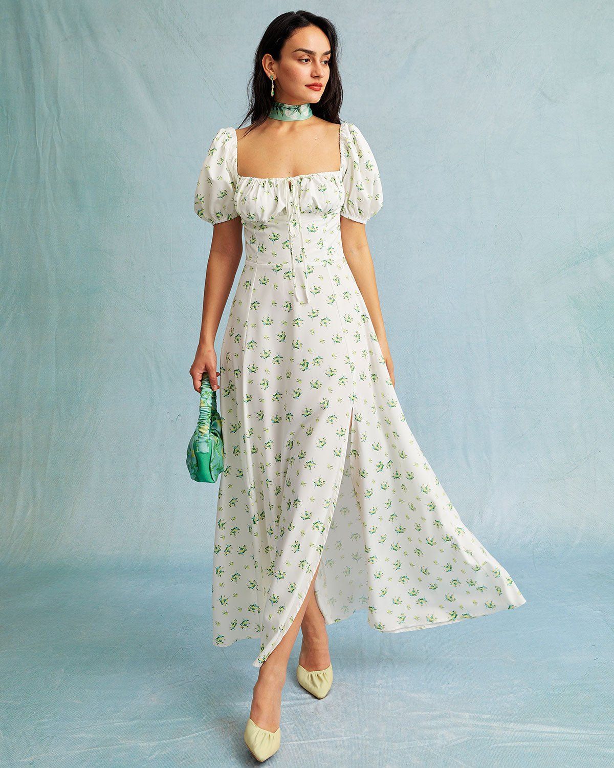 The Square Neck Floral Ruched Puff Sleeve Maxi Dress sold by rihoas product image thumbnail 11