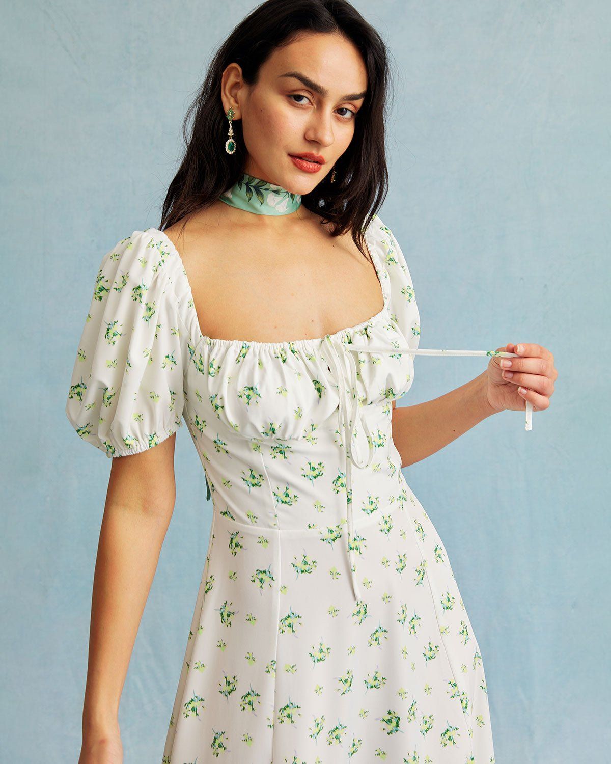 The Square Neck Floral Ruched Puff Sleeve Maxi Dress sold by rihoas product image thumbnail 9