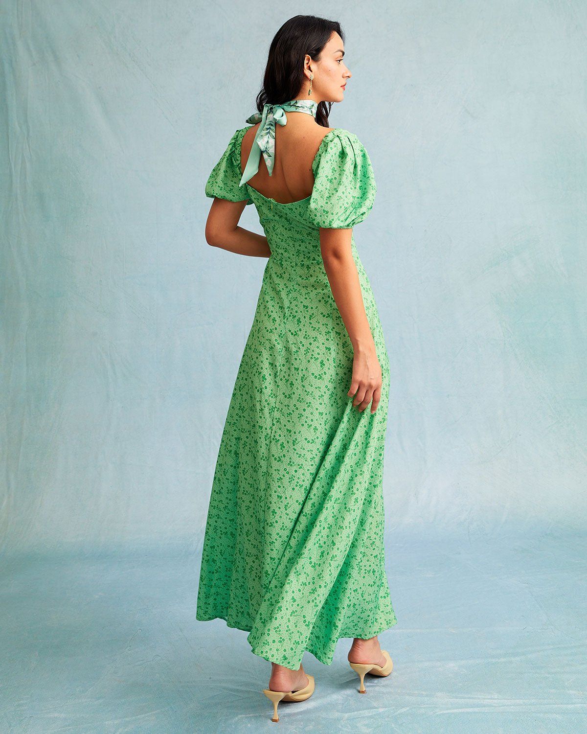 The Square Neck Floral Ruched Puff Sleeve Maxi Dress sold by rihoas product image thumbnail 6