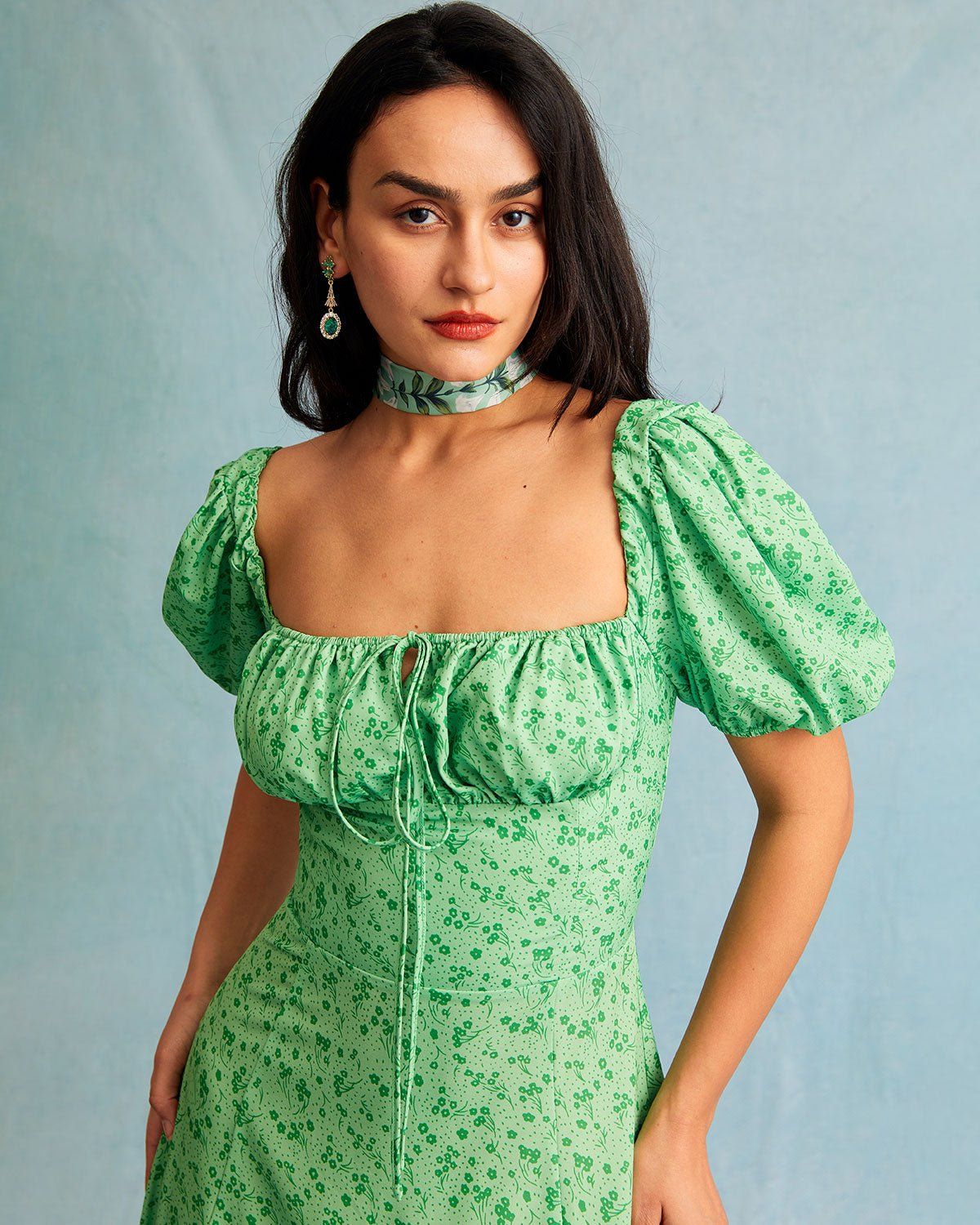 The Square Neck Floral Ruched Puff Sleeve Maxi Dress sold by rihoas product image thumbnail 3