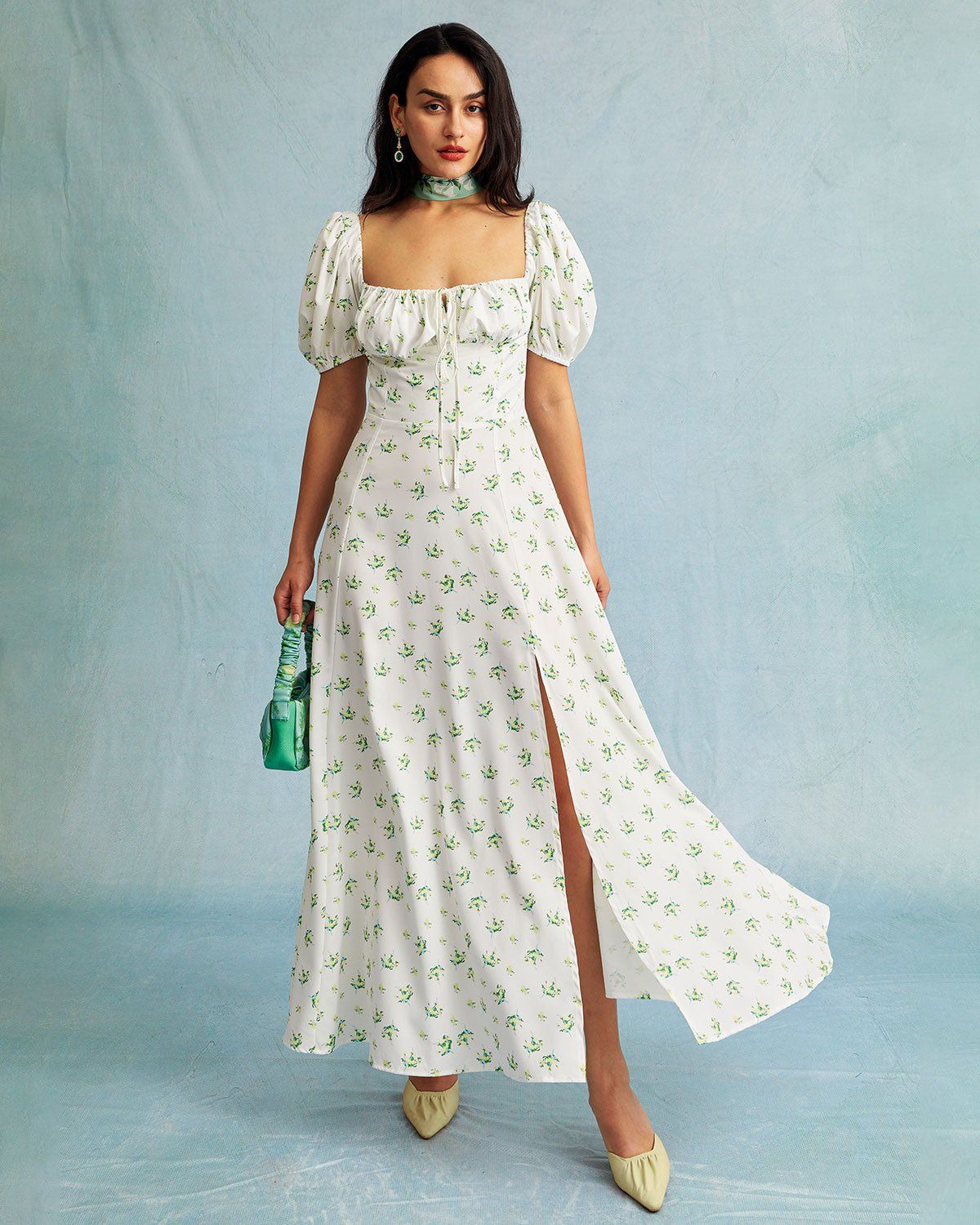 The Square Neck Floral Ruched Puff Sleeve Maxi Dress sold by rihoas product image thumbnail 7