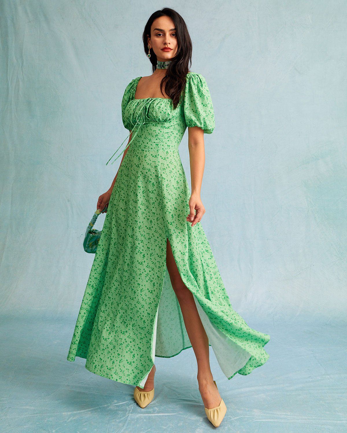 The Square Neck Floral Ruched Puff Sleeve Maxi Dress sold by rihoas