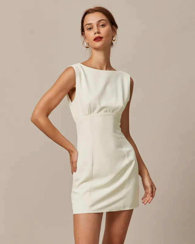 The Beige Boat Neck Back Bowknot Mini Dress sold by rihoas