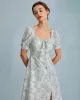 The Blue Sweetheart Neck Puff Sleeve Floral Midi Dress sold by rihoas
