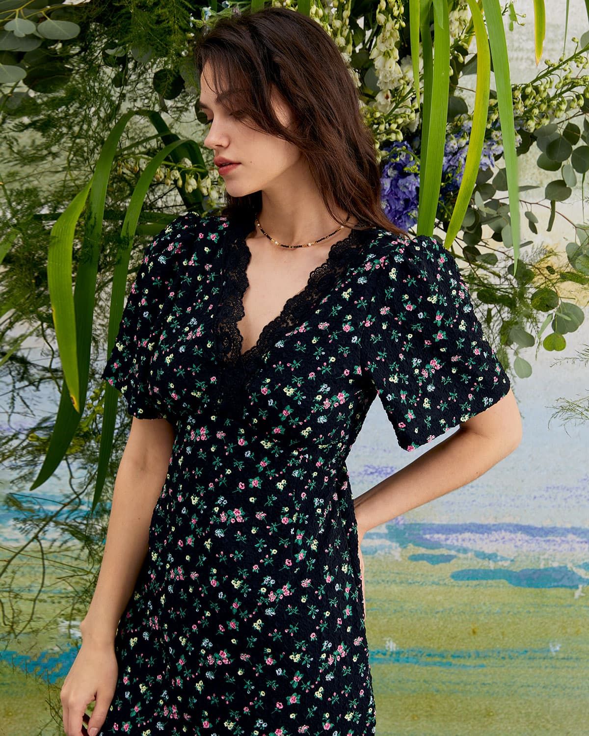 The Black V Neck Lace Floral Print Midi Dress sold by rihoas product image thumbnail 6