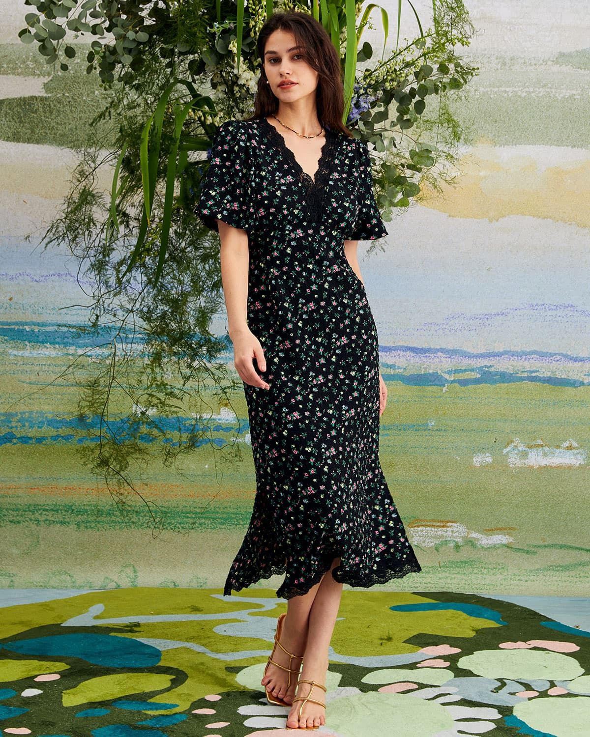 The Black V Neck Lace Floral Print Midi Dress sold by rihoas product image thumbnail 3